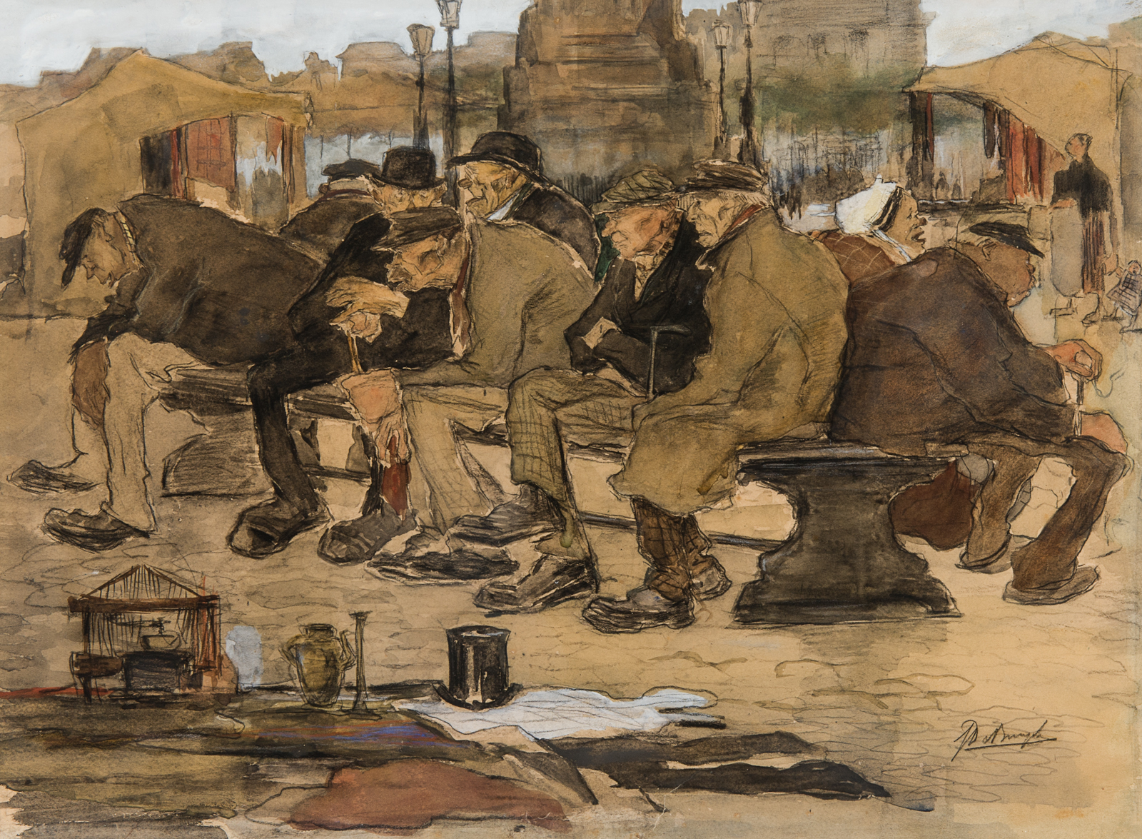 A.291 PERSONAGES OP EEN BANK OP DE VRIJDAGSMARKT CA. 1904
Verkocht bij De Vuyst Lokeren 25/10/2014
Prijs: 16.380 euro K.I.
