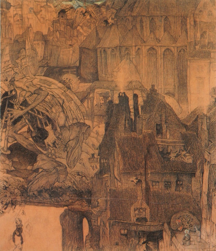 T.M.288   UILENSPIEGEL - EEN KLEINE ZENUWACHTIGE STAD 1925
Petite ville nerveuse - bestaat ook in ets
Verkocht Hotel de vente Mosan Luik - 20 maart 2014 - 19.600 euro K.I.
Ondanks een kleine scheur, een plooi en geen enkele publiciteit in Vlaanderen
Het werk werd verkocht door de dochter van Jules De Bruycker in 1988 via de veilingzaal De Vuyst Lokeren 28/05/1988 aan een Luxemburgse familie
Tentoongesteld MSK te Gent 1970 kat. nr. 102
