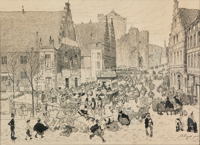 A0233 HET NIEUWS VAN DE DAG
Markttafereel te Gent. Inkttekening 
Amberes december 2012
Bestaat ook in ets
