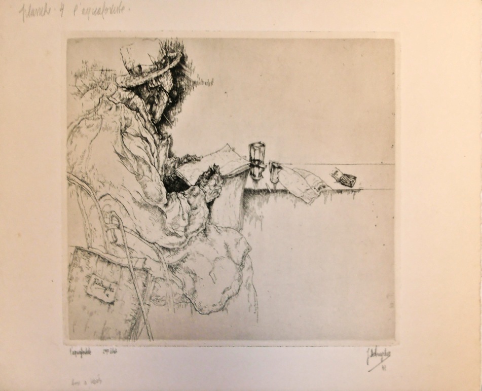 J.D.B. 354  L'AQUAFORTISTE  1941
Project voor het album Gens de chez nous.  1941

Op al deze prenten staan notities voor het perfectioneren voor het album Gens de chez nous, gegeven door Jules De Bruycker aan drukker Van Campenhout
L.R.N.M.
