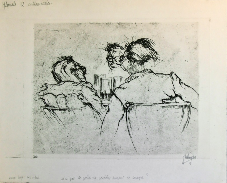 J.D.B. 365A    ENTHOUSIASTES  1941
project voor het album Gens de chez nous  1941

Op al deze prenten staan notities voor het perfectioneren voor het album Gens de chez nous, gegeven door Jules De Bruycker aan drukker Van Campenhout
L.R.N.M.
