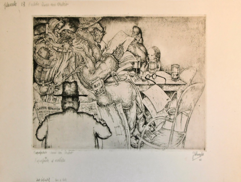 J.D.B. 366 L'AQUAFORTISTE AU TRAVAIL  /  LE STUDIO DE L'ARTISTE  1941
Project voor het album Gens de chez nous  1941

Op al deze prenten staan notities voor het perfectioneren voor het album Gens de chez nous, gegeven door Jules De Bruycker aan drukker Van Campenhout
L.R.N.M.
