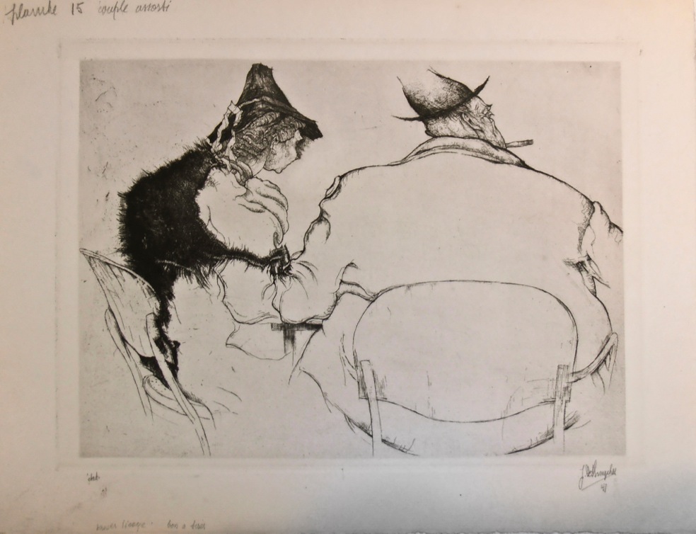 J.D.B. 368  COUPLE ASSORTI 1941
Project voor het album Gens de chez nous 1941
Epreuve d'état
Op al deze prenten staan notities voor het perfectioneren van het album Gens de chez nous, gegeven door Jules De Bruycker aan drukker Van Campenhout.
L.R.N.M.
