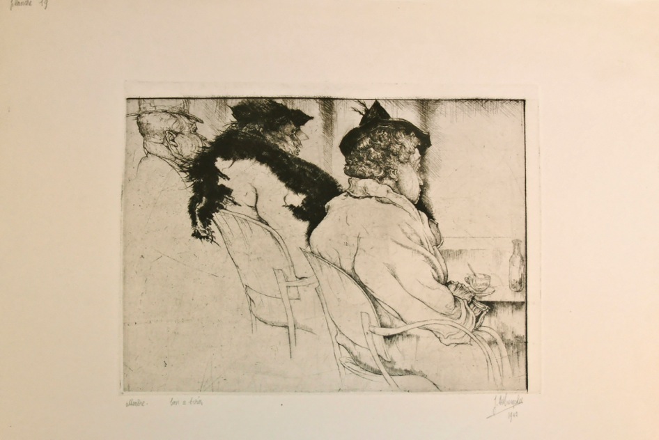 J.D.B. 374  ATTENDRE 1941
Project voor het album Gens de chez nous 1941

Op al deze prenten staan notities voor het perfectioneren van het album Gens de chez nous, gegeven door Jules De Bruycker aan drukker Van Campenhout.
L.R.N.M.
