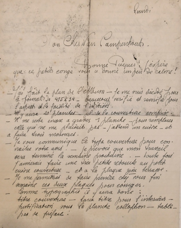 B 34 BRIEF VAN JULES DE BRUYCKER AAN VAN CAMPENHOUT
De brief gaat over het drukken van de boeken Gens de chez nous
B.V.A.
