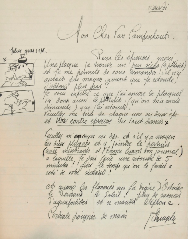 B.33 BRIEF VAN JULES DE BRUYCKER AAN VAN CAMPENHOUT
De brief is versierd met kleine tekeningen
B.V.A.
