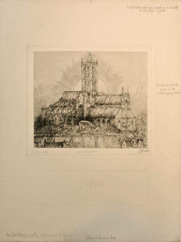 J.D.B. 335  ETS UIT HET ALBUM SINT NIKLAASKERKE 
Aan de basis was de titel "EGLISE" (niet weerhouden)

Op de ets ziet men duidelijk de instructies van Jules De Bruycker welke hij gaf aan drukker Van Campenhout om de werken te perfectioneren.
