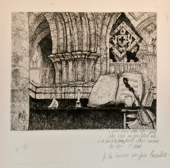 J.D.B. 349B HET OKSAAL
Ets voor het album St. Niklaaskerke

Aan de basis was de titel "VOUTES CHAPITEAUX ET COLONNES VUS DU JUBE" (niet weerhouden)

Op de ets ziet men duidelijk de instructies van Jules De Bruycker welke hij gaf aan drukker Van Campenhout om de werken te perfectioneren
L.R.N.M.
