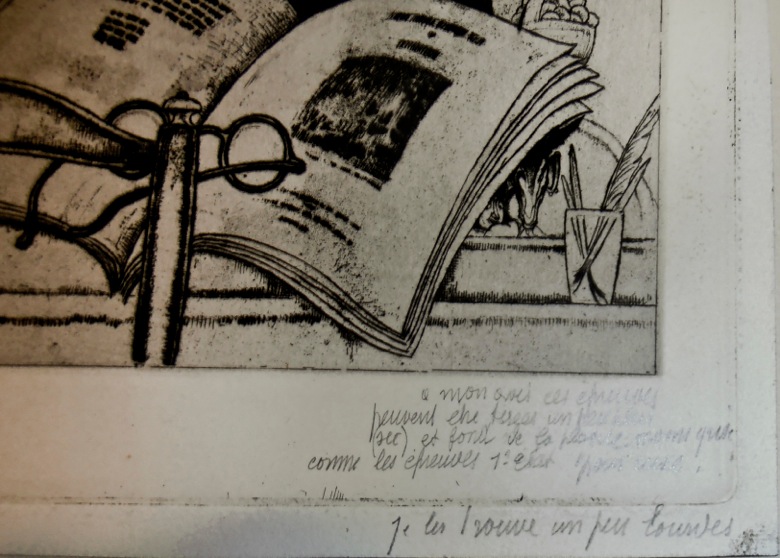 J.D.B. 347  ETS UIT HET ALBUM SINT NIKLAASKERKE
Op de ets ziet men duidelijk de instructies van Jules De Bruycker welke hij gaf aan drukker Van Campenhout om de werken te perfectioneren
