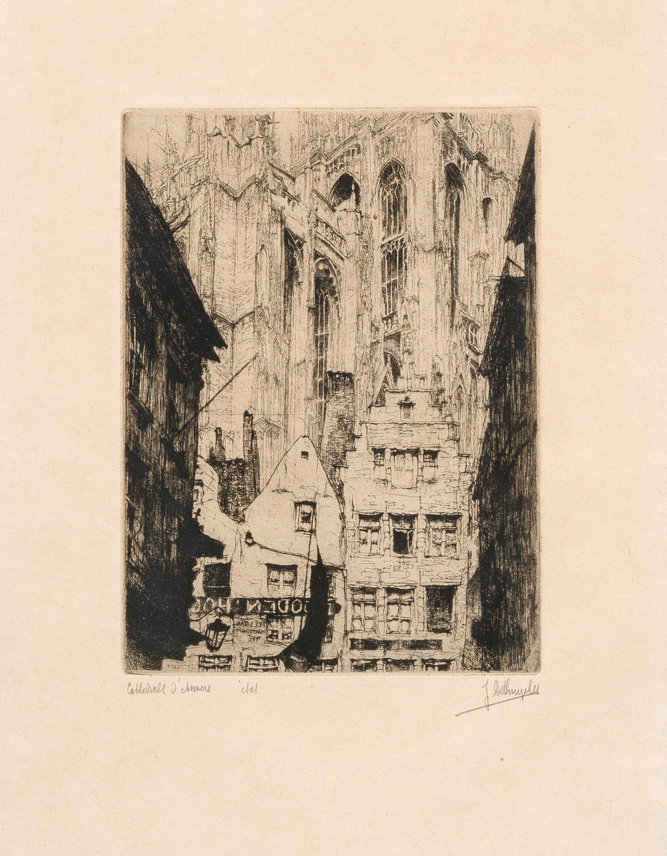 J.D.B. 253A LA CATHEDRALE D'ANVERS,1929
Etat.
L.R. 160
Tentoongesteld in Venetie, 1938
