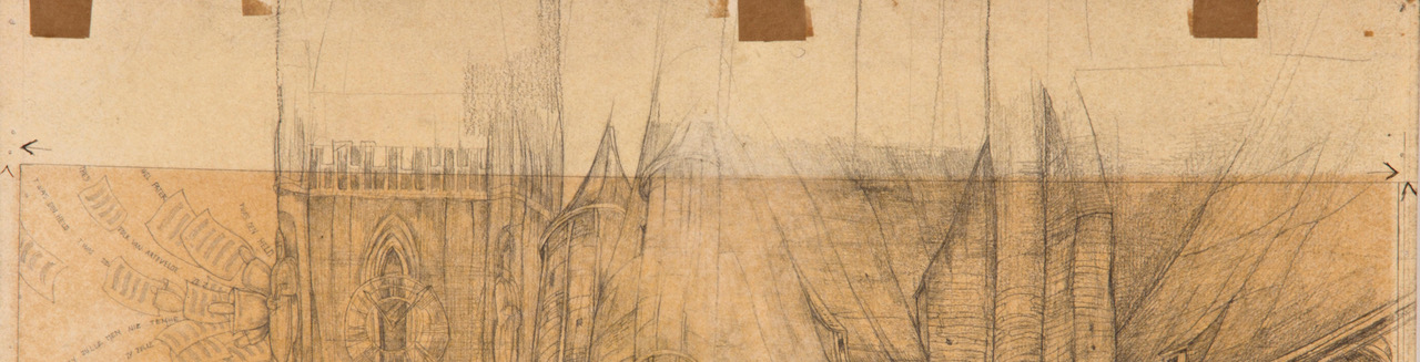 A0028C  ST. NIKLAASKERKE  (tekening)
In de instructies die Jules De Bruycker gaf om in te kaderen stond, dat het bovenste gedeelte welke ook niet behandeld (gefixeerd) is met Pelican weggestoken diende te worden.
