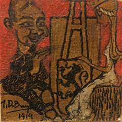 A.318  ZELFPORTRET  1914 - Miniatuur 3x3cm.  
De miniatuurtjes zaten oorspronkelijk ingewerkt in een lijst van kadermaker Leclercq uit Gent, op de vier hoeken.
 In de lijst van de ets " Hijsen van de draak".
