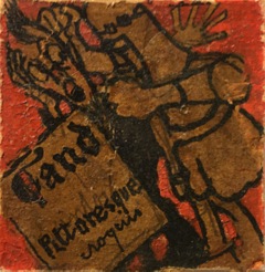 A.319 ZELFPORTRET   1914 - Miniatuur 3x3cm.
De miniatuurtjes zaten oorspronkelijk ingewerkt in een lijst van kadermaker Leclercq uit Gent, op de vier hoeken.
 In de lijst van de ets " Hijsen van de draak"
