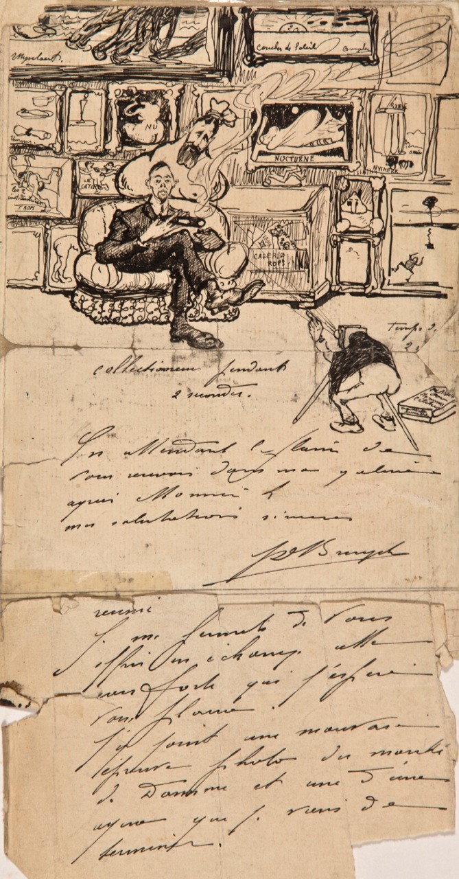T.M.271     INKTTEKENING 
Inkttekening verkocht bij Vanderkindere 2015
Op de afbeelding laat Jules De Bruycker zich portretteren als verzamelaar in het atelier van James Ensor welke achter hem staat afgebeeld.
Let op de vele pornografische afbeeldingen rond de twee personnages. 
