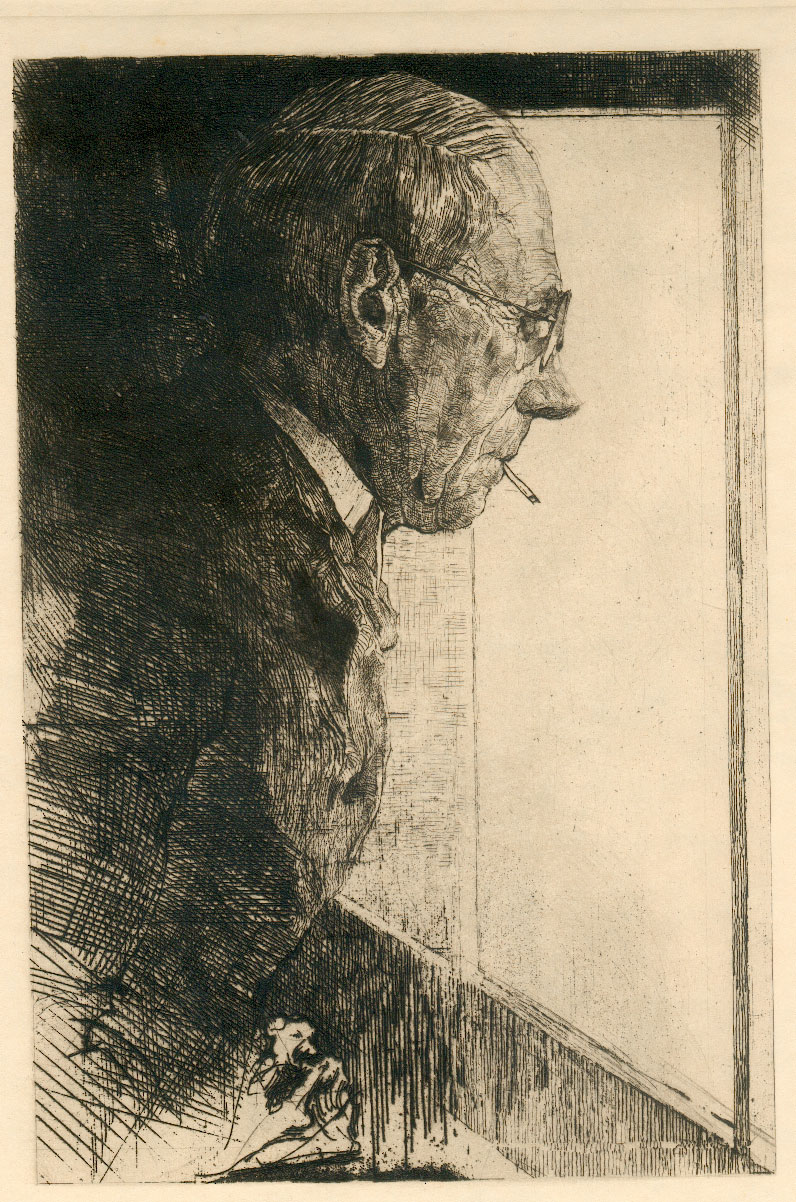 J.D.B. 319B PORTRAIT DE L'ARTISTE A LA CIGARETTE 1933
H. 220 - B. 157 (de indruk van de plaat)
De ets op zich  H. 194 - B. 125
L.R.N.M.
