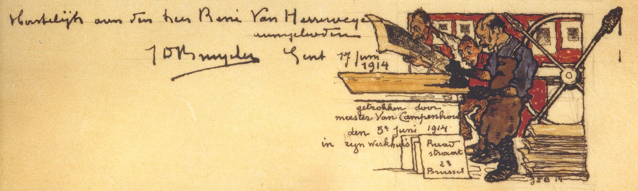 J.D.B. 057D Huldetekening aan drukker Van Campenhout
Tekening onderaan de ets
