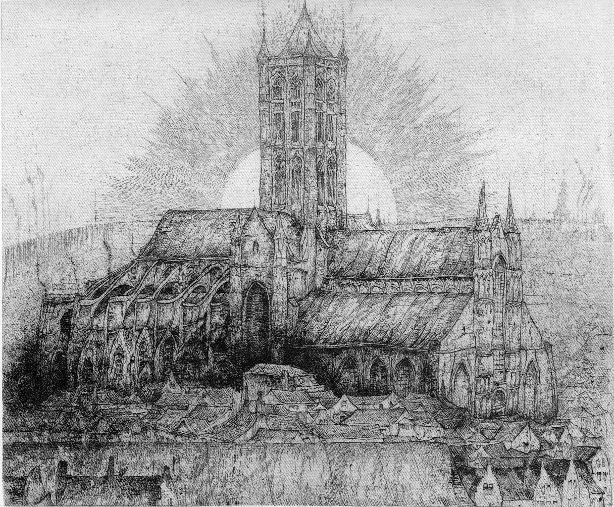 J.D.B. 336  DE KERK DOMINEERT DE STAD 1938
Aan de basis was de titel "EGLISE" (niet weerhouden)

H 187-B 225
L.R.N.M.
Versneden plaat.
