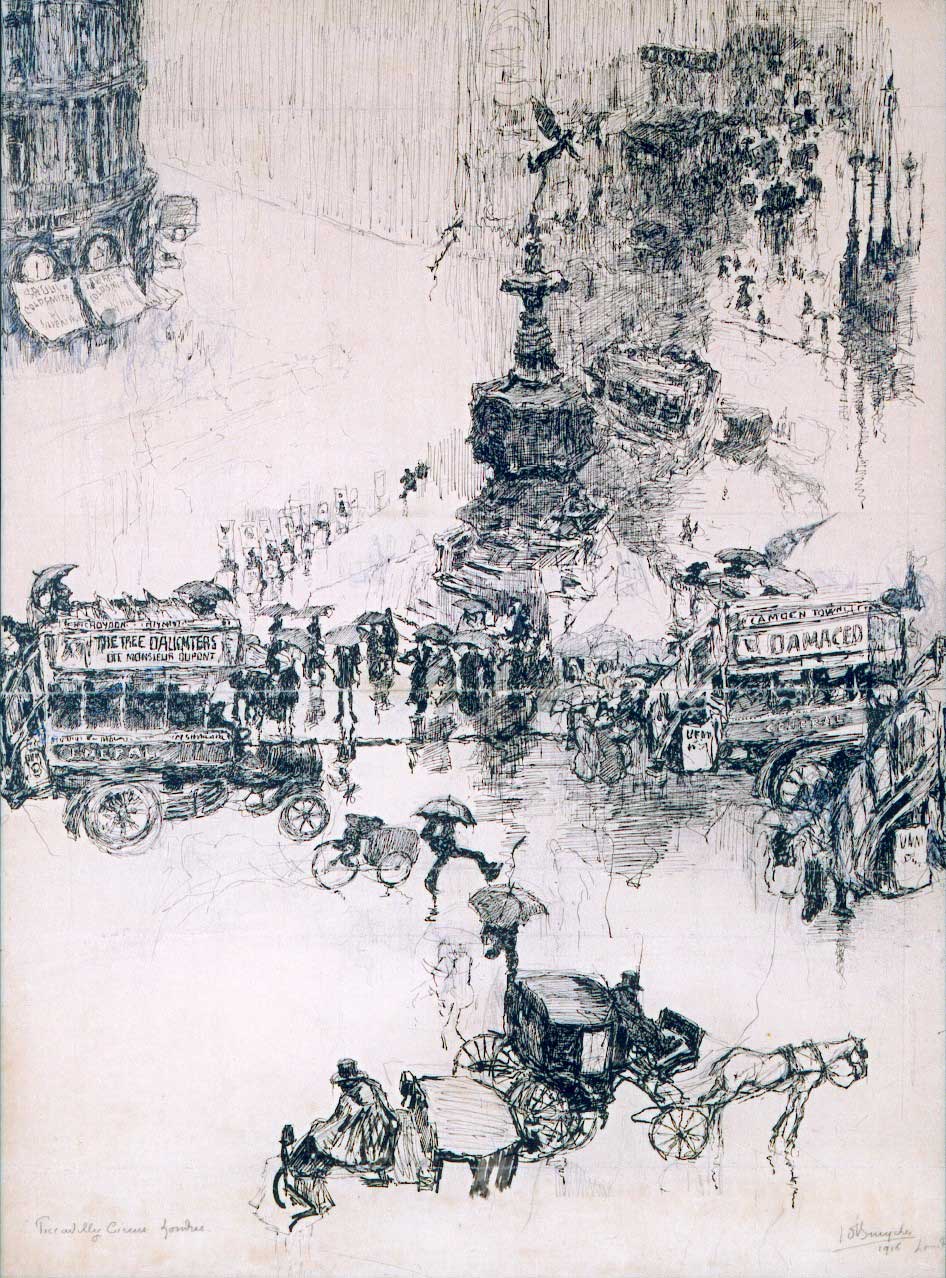 A0205 PICCADILLY CIRCUS LONDON   
Deze prachtige inkttekening werd in twee geplooid om na de oorlog terug naar België mee te brengen
