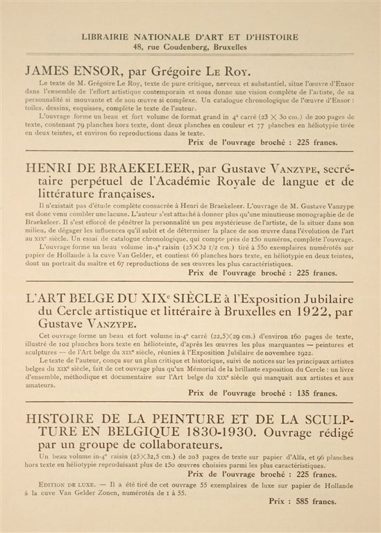 D.012 BESTELBON VOOR DE OEUVRE-CATALOQUE
Het boek van Ensor kost 225 BF
Het boek van  H.De Braekeleer kost ook 225 BF
Het boek van Jules De Bruycker - luxe uitgave kost 1.500 BF.
Het boek van Jules De Bruycker - normale uitgave kost 550 BF

