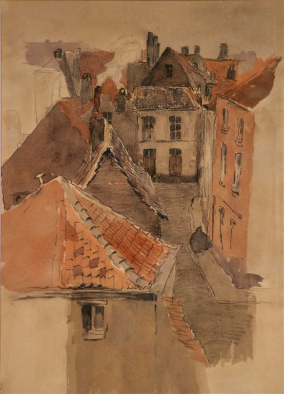 A.155  DE RODE DAKEN
Deze aquarellen zijn gemaakt van in het Pand, nu Carmenklooster te Gent, waar Jules De Bruycker zijn kamer had in de infirmerie.
