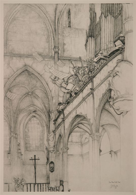 A0021  ST.NIKLAASKERKE  P.L.24
INTERIEUR LE JUBE
Hier ziet U een deel van het orgel van de wereldberoemde Parijse orgelbouwer ARISTIDE CAVAILLE COLL boven het oksaal aan de hoofdingang van de kerk.
Deze 'Rolls Roys' onder de orgels staat op nummer 1 in de lijst van Unesco van bedreigde orgels 'bedreigde' enkel omdat het niet meer in gebruik is. 
Nooit gezien.
