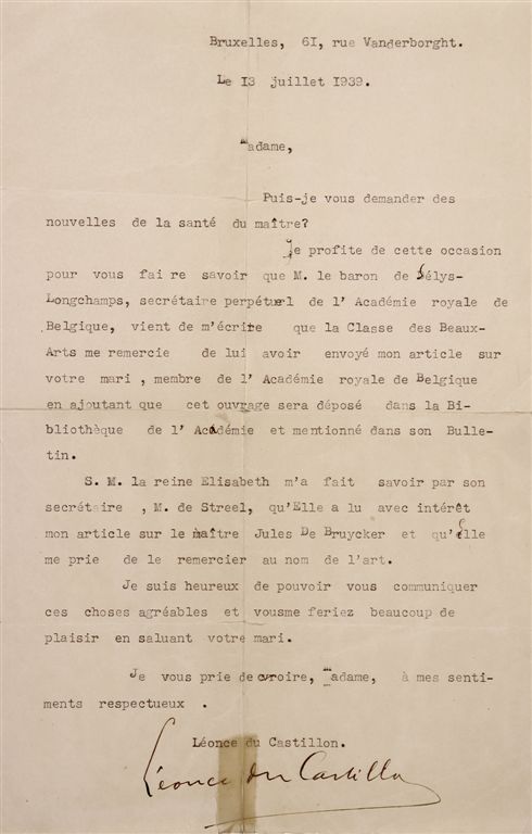 B.003 BRIEF VAN 1932
Léonce de Castillon, privaatsecretaris van Z.M.Koningin Elisabeth.
