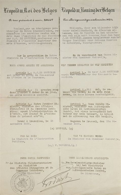 B.002 BRIEF VAN LEOPOLD III KONING DER BELGEN
Hij werd bevorderd tot Commandeur van de Kroonorde in 1935.
