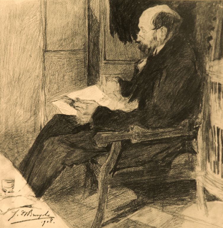 B0112   EMILE VAN VOOREN
In zijn conciergerie aan de universiteit in de Volderstraat te Gent
Appariteur à la faculté de GandPPARITEUR 
E. Van Vooren qui fût pour De Bruycker mieux qu'un père nouuicier et presque la providance
