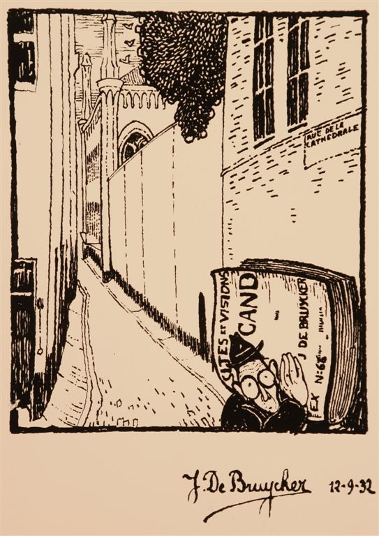 C0217  ZELFPORTRET
Karikatuurtekening waar hij zijn album "Sites et Visions de Gand" aanbiedt 
Ex. verzameling Convent Brussel 
