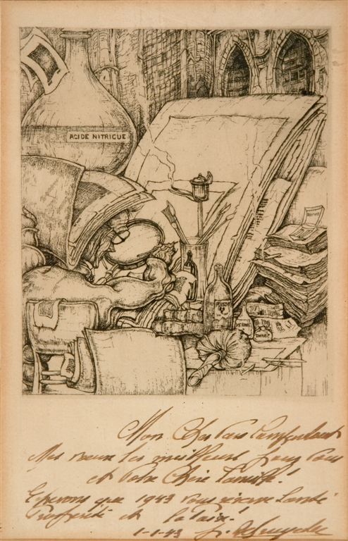 J.D.B. 405  L'aquafortiste travaillant à son église St. Nicolas
Met een bijzondere opdracht aan zijn drukker van Campenhout.
Uitzonderlijke staat.
H. 210 - B.140  Maar, het geëtste gedeelte is kleiner H.140 - B.114
L.R.N.M.
