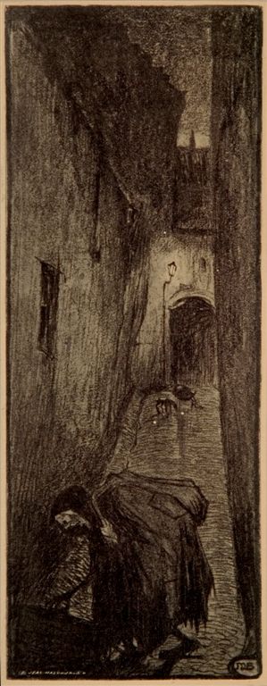 B0029  ILLUSTRATIE UIT HET BOEK "EN VILLE MORTE" VAN FRANZ HELLENS
Het boek van Frans Hellens (Frits (Frédéric) Van Ermengem) werd gepubliceerd eind 1905. Dus zouden al deze werken dateren van voor die datum. 
