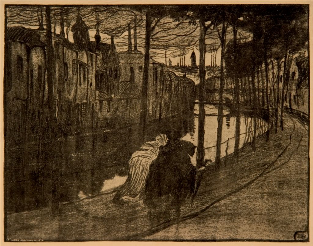 B0030  ILLUSTRATIE UIT HET BOEK "EN VILLE MORTE" VAN FRANZ HELLENS
Het boek van Frans Hellens (Frits (Frédéric) Van Ermengem) werd gepubliceerd eind 1905. Dus zouden al deze werken dateren van voor die datum. 
