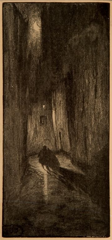 B0033 ILLUSTRATIE UIT HET BOEK "EN VILLE MORTE" VAN FRANZ HELLENS
Het boek van Frans Hellens (Frits (Frédéric) Van Ermengem) werd gepubliceerd eind 1905. Dus zouden al deze werken dateren van voor die datum. 
