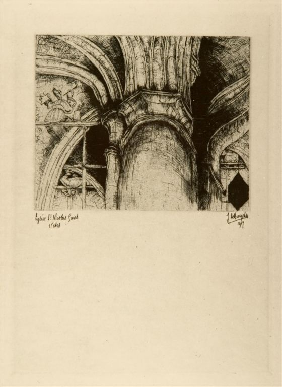 J.D.B. 341 RESTAURATIE VAN DE GEWELVEN 1938 
Aan de basis was de titel "COLONNE ET VOUTES" (niet weerhouden)

Het gedrukte gedeelte is kleiner dan de plaat - H. 105  B. 130
De afmetingen van deze plaat - H. 215   B. 155

Het is bijna zeker dat De Bruycker van deze St. Niklaaskerke enkele miniatuuretsen heeft gemaakt. Als men ze goed bekijkt ziet men lichte verschillen.

L.R.N.M.
